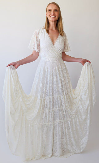 Gipsy layered Bohemian Skirt, Maxi lace wedding dress, Wrap neckline, Short Butterfly sleeves #1400 Maxi Blushfashion
