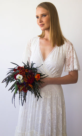 Gipsy layered Bohemian Skirt, Maxi lace wedding dress, Wrap neckline, Short Butterfly sleeves #1400 Maxi Blushfashion