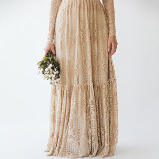 Golden  Lace Bohemian Dress #1233 Maxi Blushfashion
