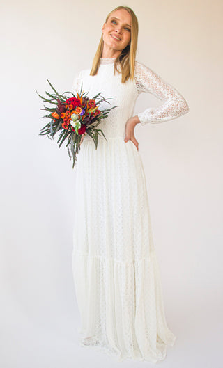 High neck, Bishop Long Sleeves, Ivory Vintage Lace, Gipsy skirt Wedding Dress #1405 Maxi Blushfashion