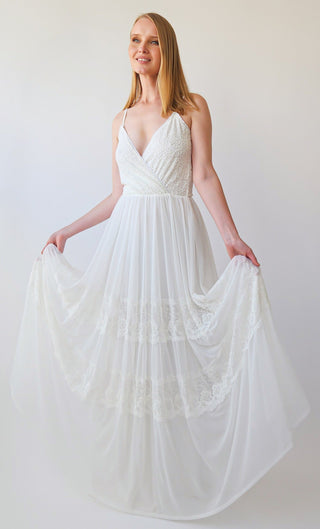 Unique Light Blush A Line Wedding Dress With Deep V-neck Sparkly Lace  Bodice and Tulle Skirt, 2023 by Boom Blush -  Canada