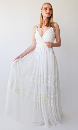 Ivory Bohemian Wrap Straps Lace and Chiffon Wedding Dress with Gipsy Skirt , Open back dress#1401 Maxi Blushfashion