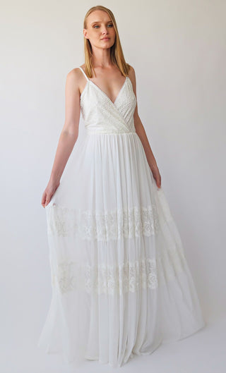 Ivory Bohemian Wrap Straps Lace and Chiffon Wedding Dress with Gipsy Skirt , Open back dress#1401 Maxi Blushfashion