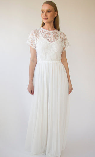 Ivory Lace Illusion Neckline wedding dress with Batwing short sleeves, circle mash chiffon skirt #1412 Maxi Blushfashion