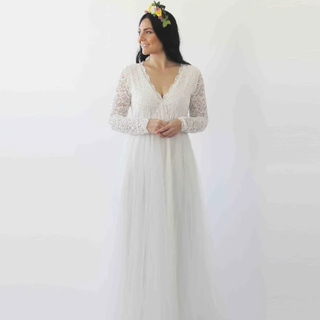 Ivory Lace Long Sleeves Wedding Dress with pockets  #1266 Maxi Blushfashion