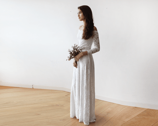 Ivory Off-The-Shoulder Floral Lace Dress #1119 Maxi Blushfashion