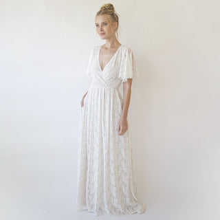 Ivory pearl lace bohemian wedding dress with pockets #1345 Maxi Blushfashion