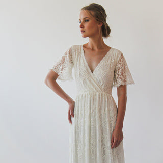 Ivory Wrap lace bohemian wedding dress with pockets and train #1423 Maxi Blushfashion