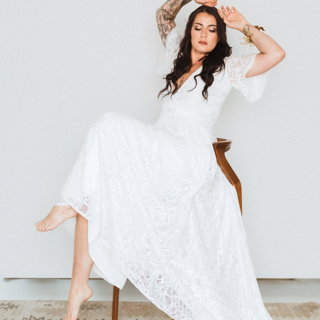 Ivory Wrap lace bohemian wedding dress with pockets and train #1423 Ivory Wrap lace bohemian wedding dress with pockets and train #1423