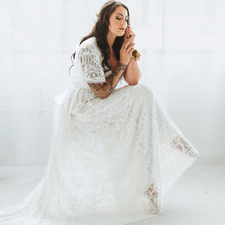 Ivory Wrap lace bohemian wedding dress with pockets and train #1423 Maxi Blushfashion