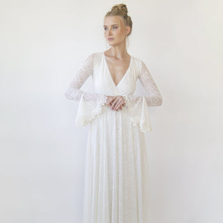 Ivory wrap lace wedding dress with long poet sleeves #1364 Maxi Blushfashion