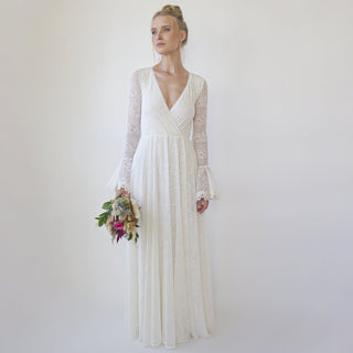 Ivory wrap lace wedding dress with long poet sleeves #1364 Maxi Blushfashion