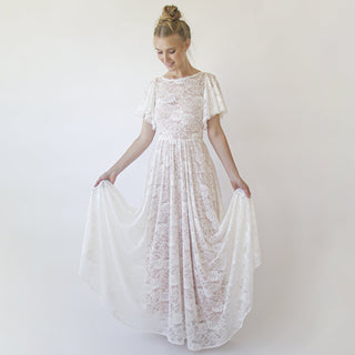 Lace ivory flutter sleeve dress , with a separate blush underlining dress  #1368 Maxi Blushfashion