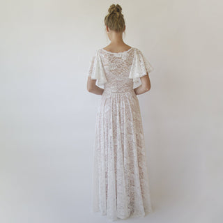 Lace ivory flutter sleeve dress , with a separate blush underlining dress  #1368 Maxi Blushfashion
