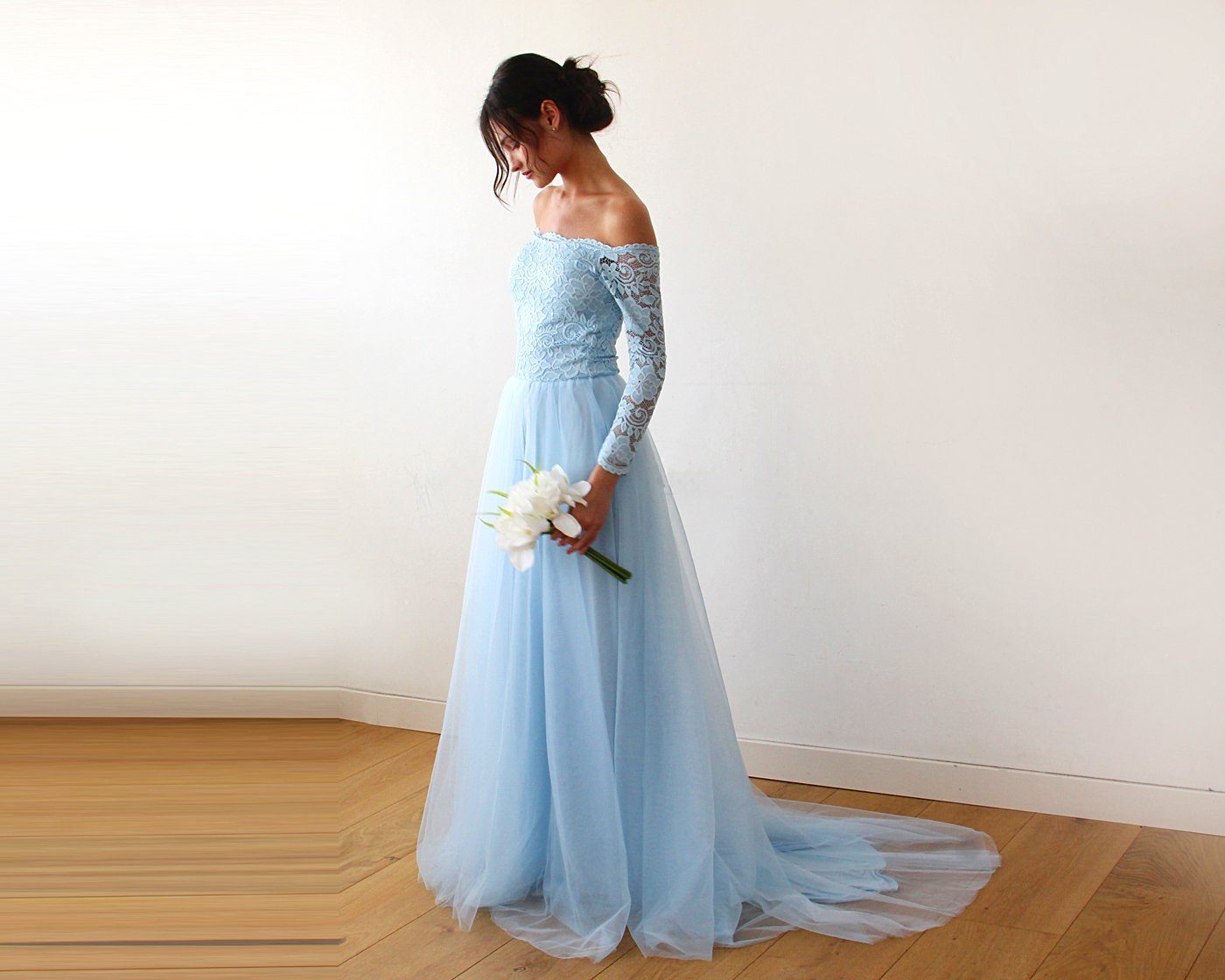 Light blue Off-The-Shoulder Dress Train #1162 Light blue Off-The-Shoulder Dress Train #1162