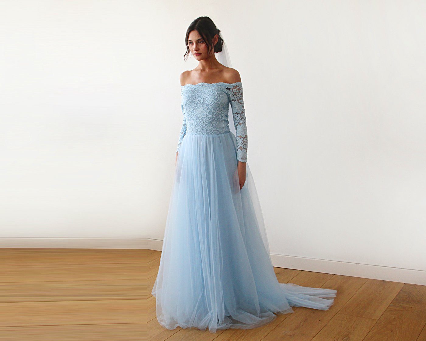 Light blue Off-The-Shoulder Dress Train #1162 Light blue Off-The-Shoulder Dress Train #1162