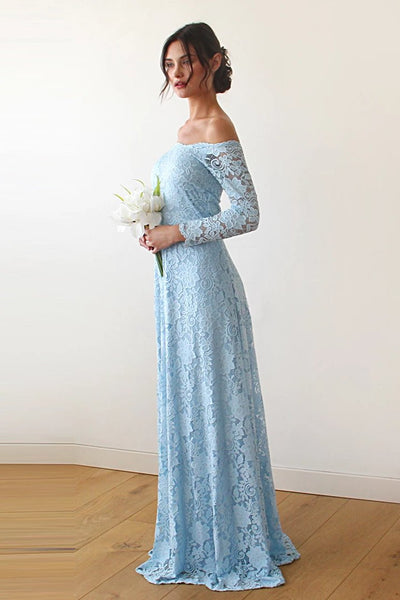 Light Blue Off-The-Shoulder Floral Lace Dress #1119