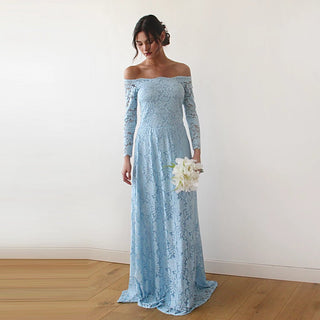 Light Blue Off-The-Shoulder Floral Lace Dress #1119 Maxi Blushfashion