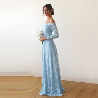 Light Blue Off-The-Shoulder Floral Lace Dress #1119 Maxi Blushfashion