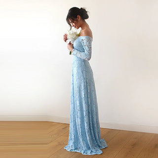 Light Blue Off-The-Shoulder Floral Lace Dress #1119 Maxi Blushfashion