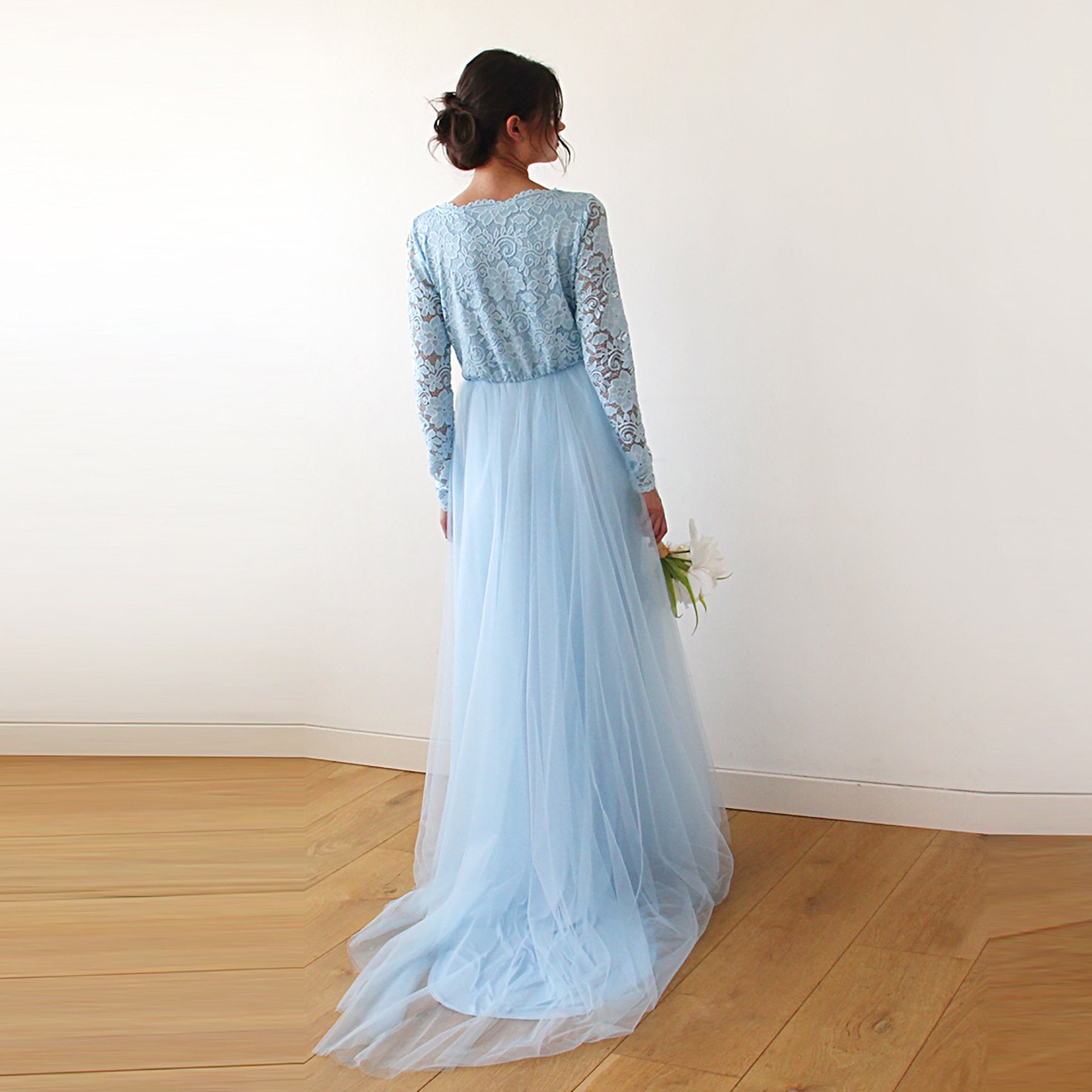 Light Blue Tulle and Lace Dress with Train #1164 Light Blue Tulle and Lace Dress with Train #1164