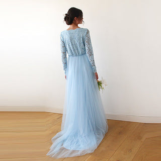 Light Blue Tulle and Lace Dress with Train #1164 Maxi Blushfashion