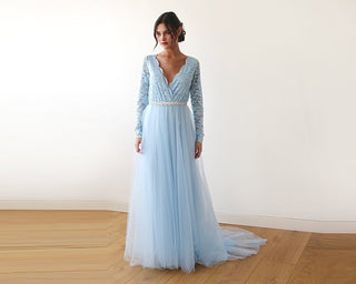 Light Blue Tulle and Lace Dress with Train #1164 Maxi Blushfashion