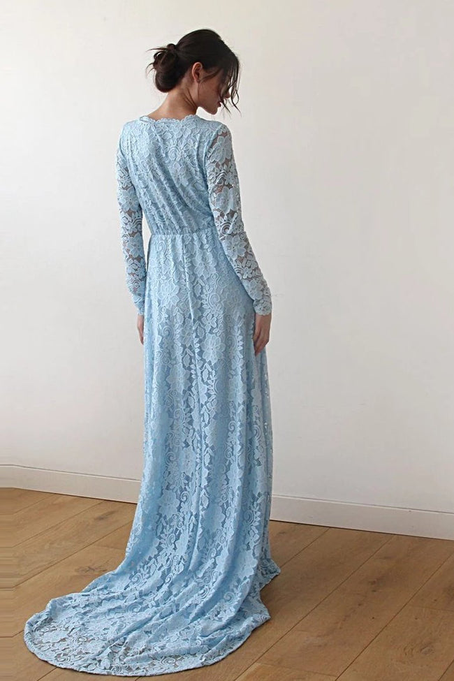Light Blue Wrap Dress with Train #1151