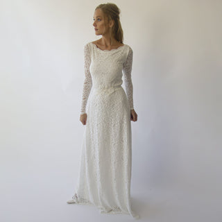 Long sleeves boat neckline modest wedding dress with floral sash belt #1296 Maxi Blushfashion