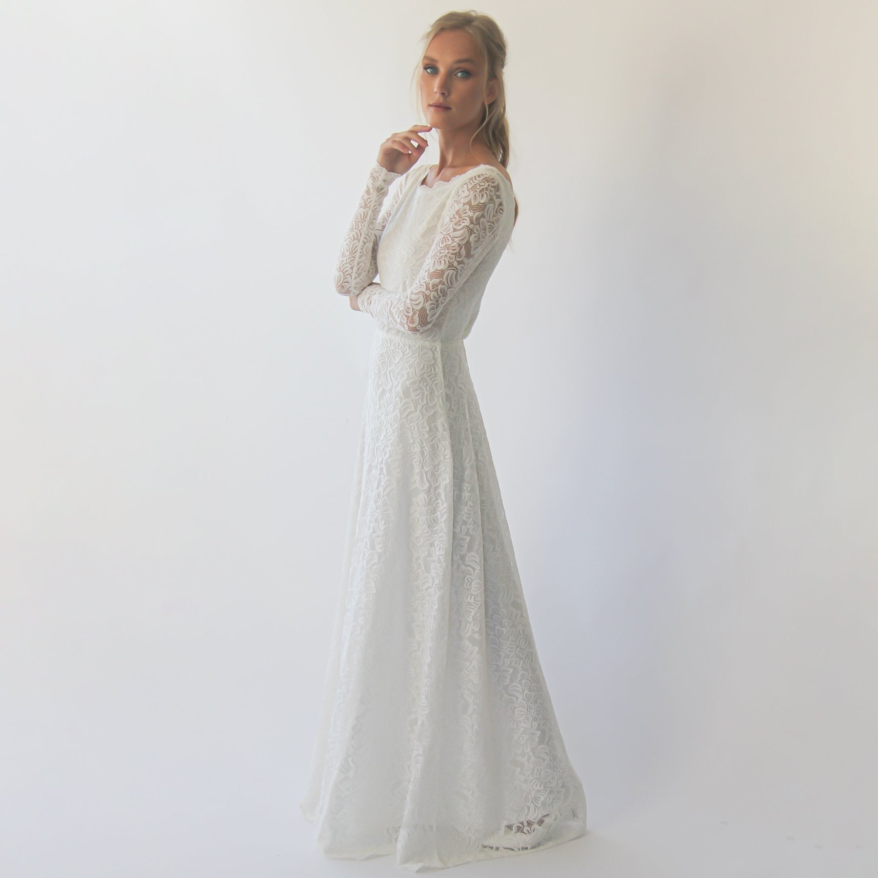 Long sleeves boat neckline modest wedding dress with floral sash belt #1296