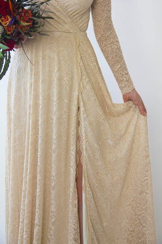 Long Sleeves Light Champagne Wrap Lace Maxi Dress with a Slit  #1410 Maxi Blushfashion