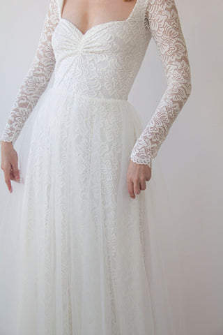 Long Sleeves ,Sweetheart neckline,, Ivory Wedding Dress , Sheer Illusion Tulle Skirt on Lace #1408 Maxi Blushfashion