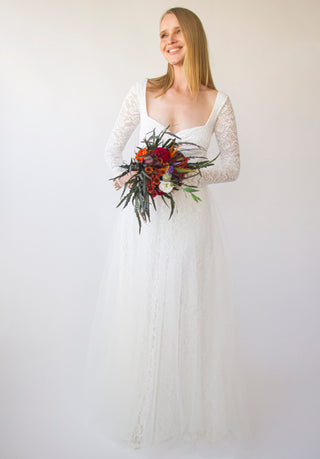 Long Sleeves ,Sweetheart neckline,, Ivory Wedding Dress , Sheer Illusion Tulle Skirt on Lace #1408 Maxi Blushfashion