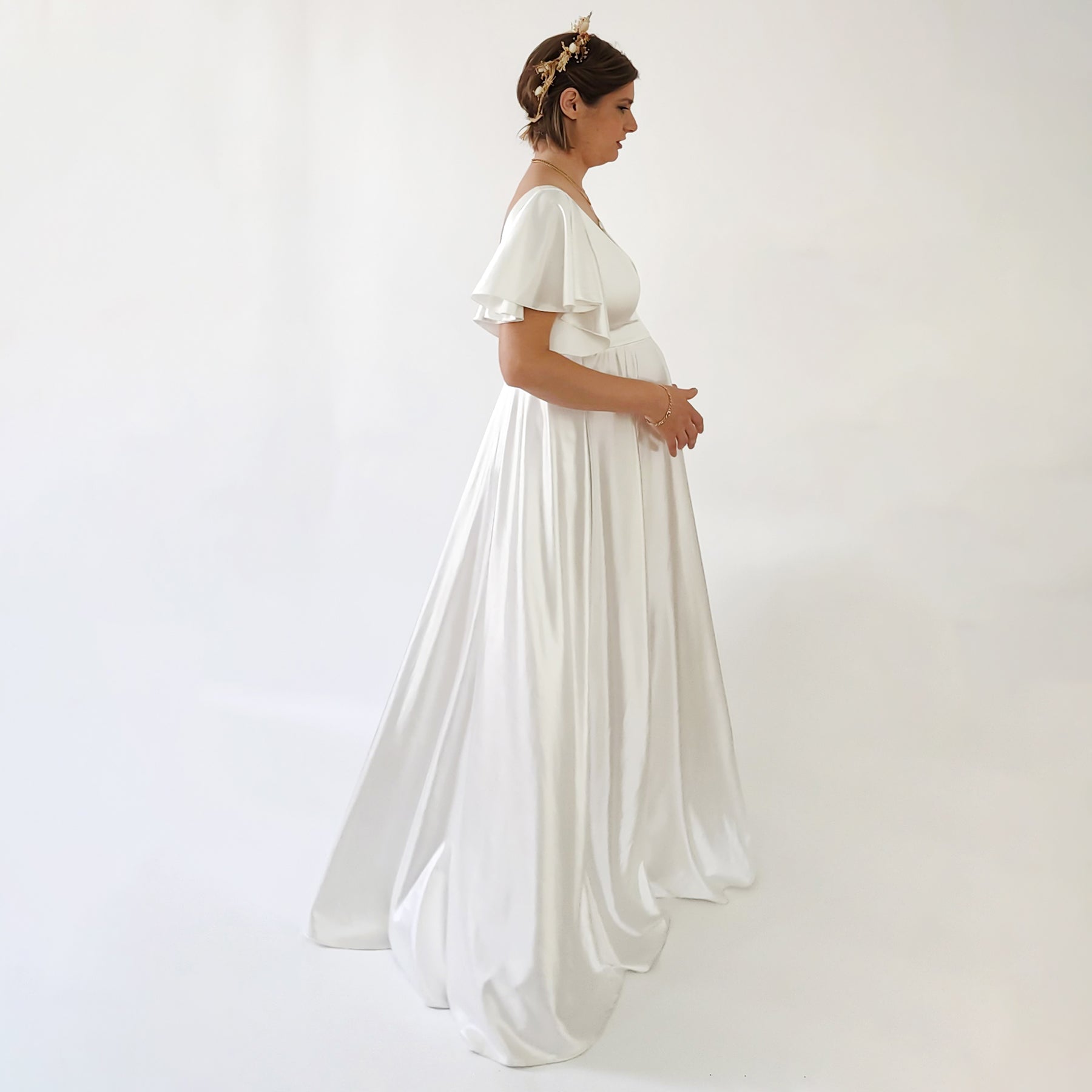 Maternity Silky Minimalist wedding dress, Elegant Satin Butterfly Sleeves Ivory Pregnancy Dress #7001 Maternity Silky Minimalist wedding dress, Elegant Satin Butterfly Sleeves Ivory Pregnancy Dress #7001