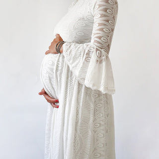 Maternity Bohemian High neckline, Modest Ivory wedding dress with a train  #7012 Maxi Blushfashion