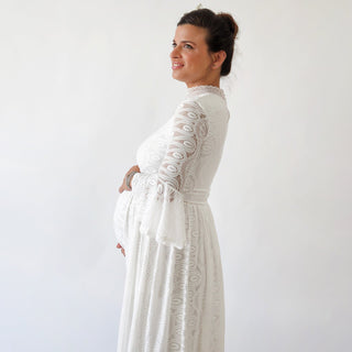 Maternity Bohemian High neckline, Modest Ivory wedding dress with a train  #7012 Maxi Blushfashion