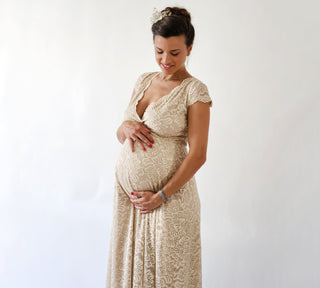 Maternity Cape sleeves lace wedding dress, Champagne Bohemian Formal dress 7009 Maxi Blushfashion
