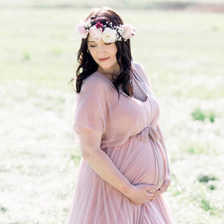 Maternity chiffon mesh dress, Pregnancy Flattering Pink gown  #1027 Maxi Blushfashion