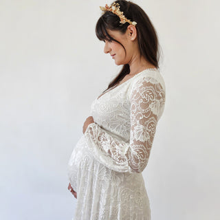 Maternity Gipsy layered Boho Skirt, Maxi lace wedding dress, Wrap neckline, Puffy bracelet sleeves #7023 Maxi Blushfashion