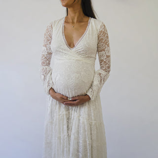 Maternity Gipsy layered Boho Skirt, Maxi lace wedding dress, Wrap neckline, Puffy bracelet sleeves #7023 Maxi Blushfashion