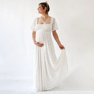 Maternity Ivory Bohemian dress, Square Neckline , butterfly sleeves dress #7003 Maxi Blushfashion
