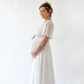 Maternity Ivory Bohemian dress, Square Neckline , butterfly sleeves dress #7003 Maxi Blushfashion
