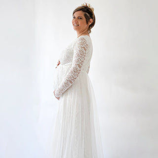 Maternity Ivory Wedding Dress, Sheer Illusion Tulle Skirt on Lace #7006 Maxi Blushfashion