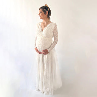 Maternity Ivory Wedding Dress, Sheer Illusion Tulle Skirt on Lace #7006 Maxi Blushfashion