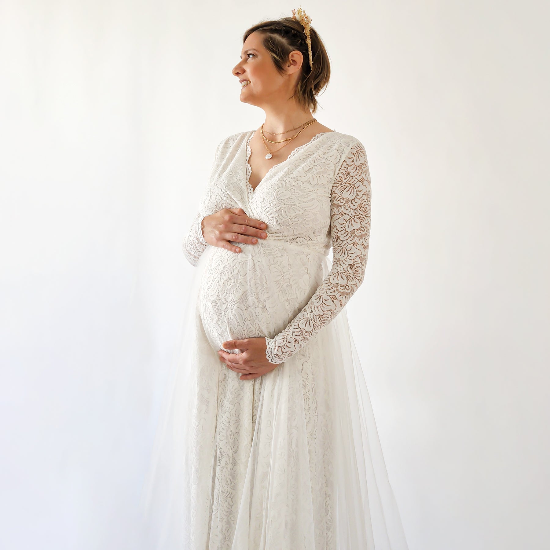 sheer tulle maternity dress Soft Tulle Ruffles Sexy Long Sleeve Slit Pleated Maternity Dress For Photoshoot