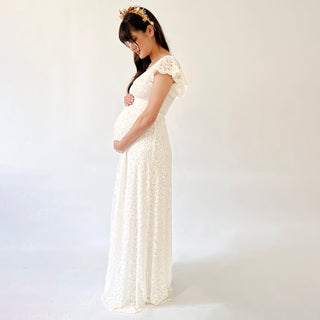Maternity Ivory wrap lace bohemian wedding dress, with flutter sleeves #7020 Maxi Blushfashion