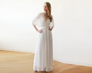 Maternity Photo shoot dress, White Lace gown with bat-wings sleeves #1417 Maxi Blushfashion