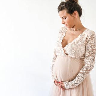 Maternity Pink Blush Tulle and Lace dress, Pastel Pregnancy dress #7011 Maxi Blushfashion