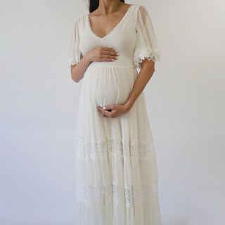 Maternity Romantic Chiffon Wedding dress, Vintage Butterfly Sleeves #7022 Maxi Blushfashion