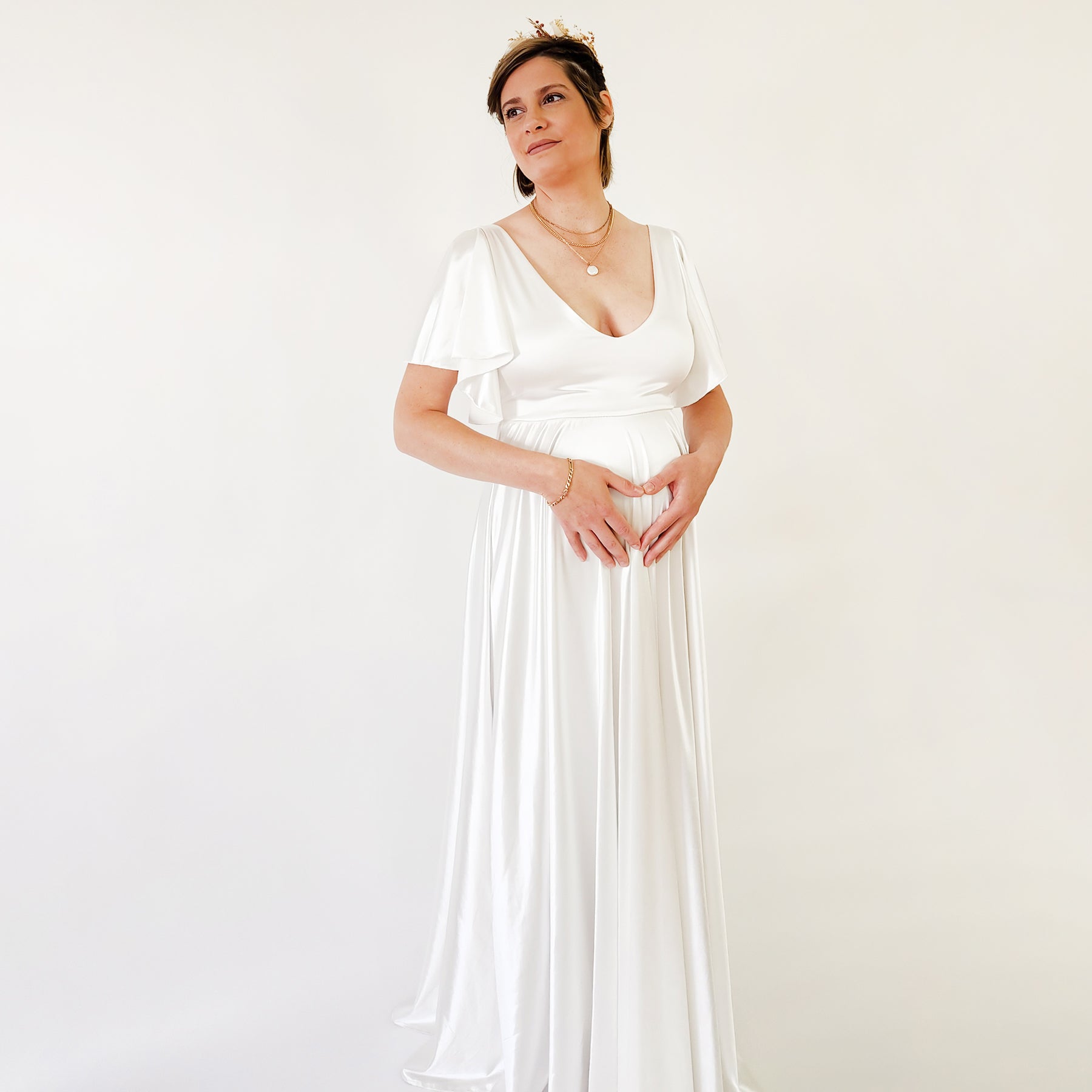 Maternity Silky Minimalist wedding dress, Elegant Satin Butterfly Sleeves Ivory Pregnancy Dress #7001 Maternity Silky Minimalist wedding dress, Elegant Satin Butterfly Sleeves Ivory Pregnancy Dress #7001